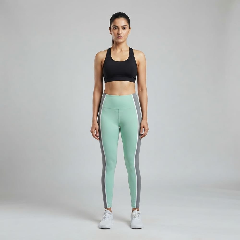 Indian woman wearing META NEST ACTIVEWEAR Colorblock Panel Leggings in Colorblock Mint-Grey
