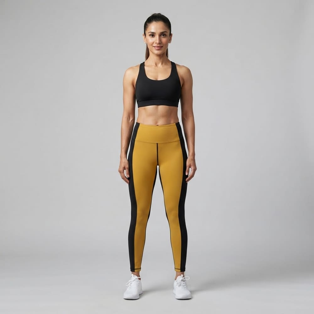 Indian woman wearing META NEST ACTIVEWEAR Colorblock Panel Leggings in Colorblock Yellow-Black