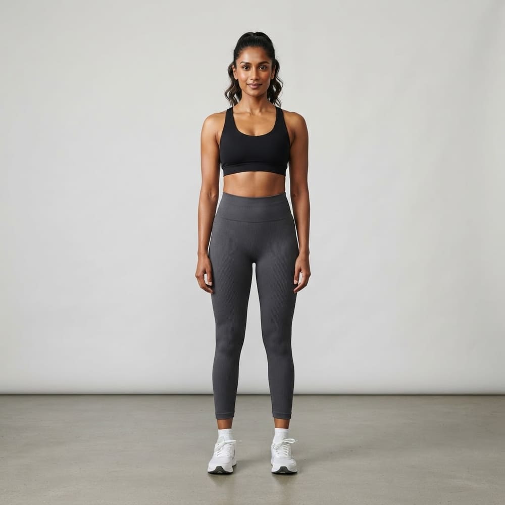Indian woman wearing META NEST ACTIVEWEAR Contour Ribbed Leggings in Ribbed Charcoal