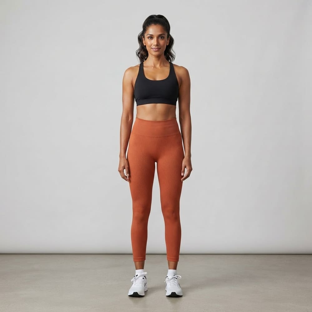 Indian woman wearing META NEST ACTIVEWEAR Contour Ribbed Leggings in Ribbed Clay