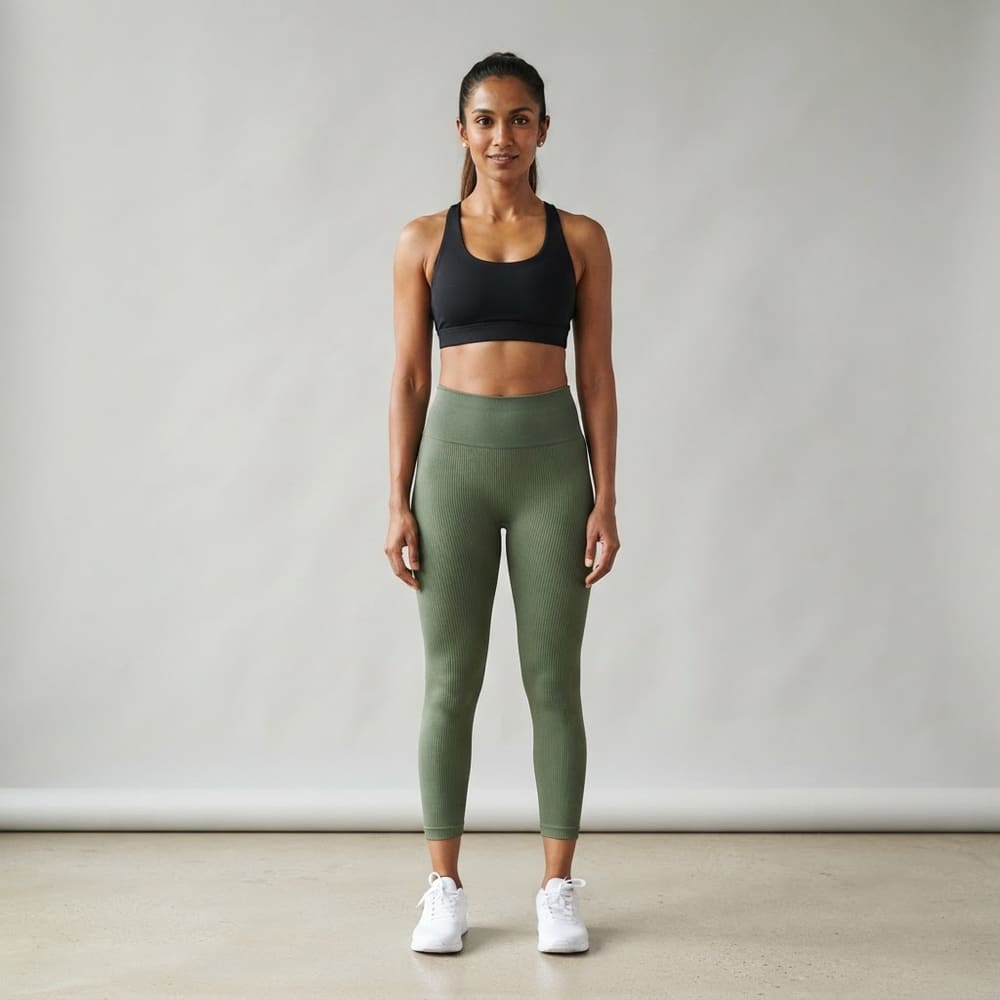 Indian woman wearing META NEST ACTIVEWEAR Contour Ribbed Leggings in Ribbed Moss
