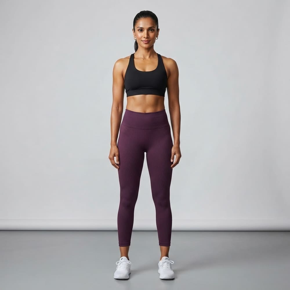 Indian woman wearing META NEST ACTIVEWEAR Contour Ribbed Leggings in Ribbed Plum