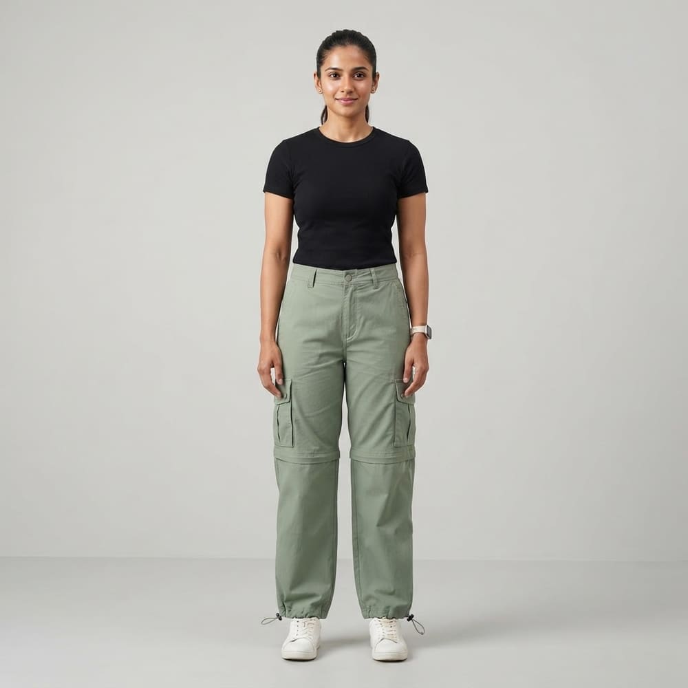 Indian woman wearing META NEST ACTIVEWEAR Convertible Drawstring Cargo Pants in Sage Leaf