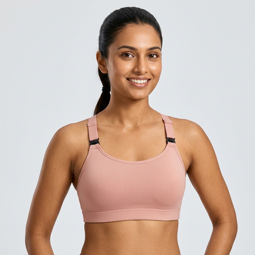 Indian woman wearing META NEST ACTIVEWEAR Convertible Multi-Strap Bra in Convertible Blush