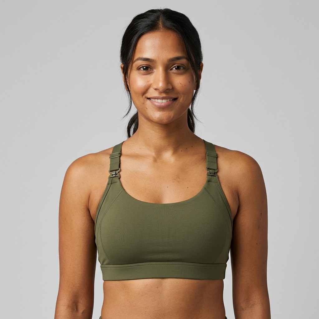 Indian woman wearing META NEST ACTIVEWEAR Convertible Multi-Strap Bra in Convertible Olive