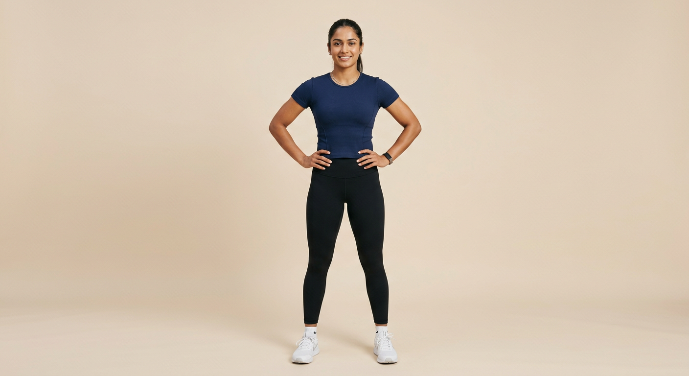 Indian woman wearing META NEST ACTIVEWEAR Coolfit Waist-Shaped Tee in Deep Navy