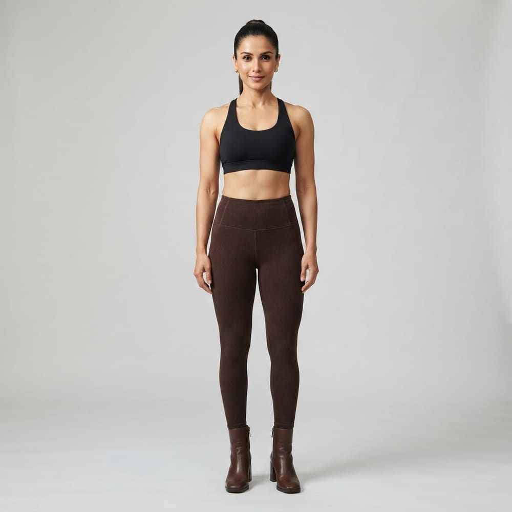 Indian woman wearing META NEST ACTIVEWEAR Corduroy Rib Leggings in Corduroy Chocolate
