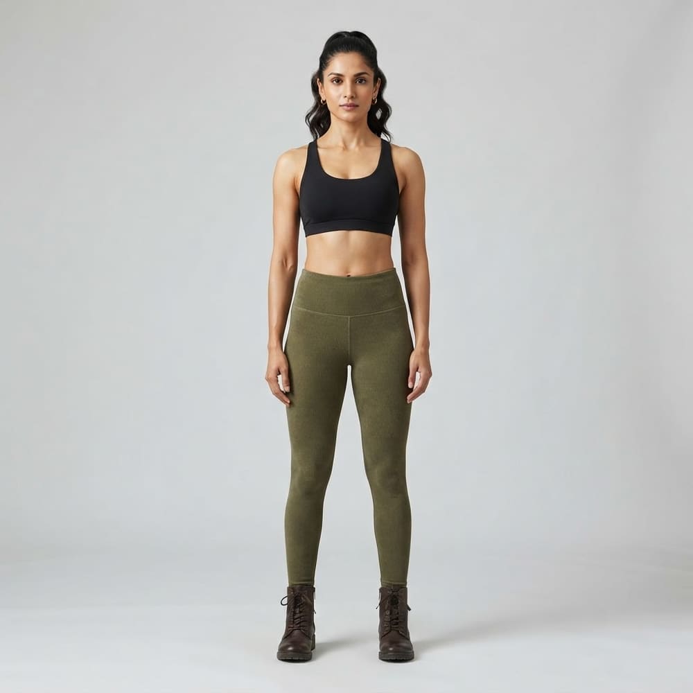 Indian woman wearing META NEST ACTIVEWEAR Corduroy Rib Leggings in Corduroy Olive