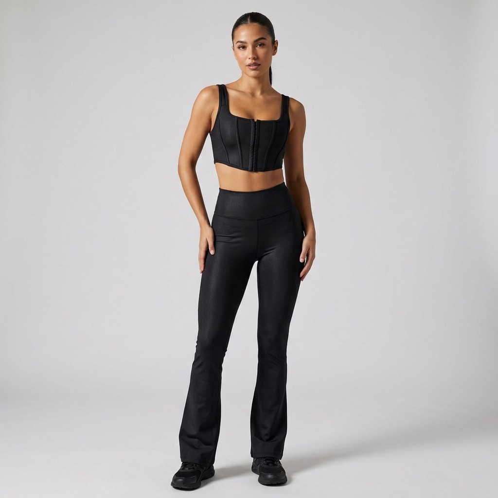 Indian woman wearing META NEST ACTIVEWEAR Corset Lace Flare Co-ord Set in Corset Black