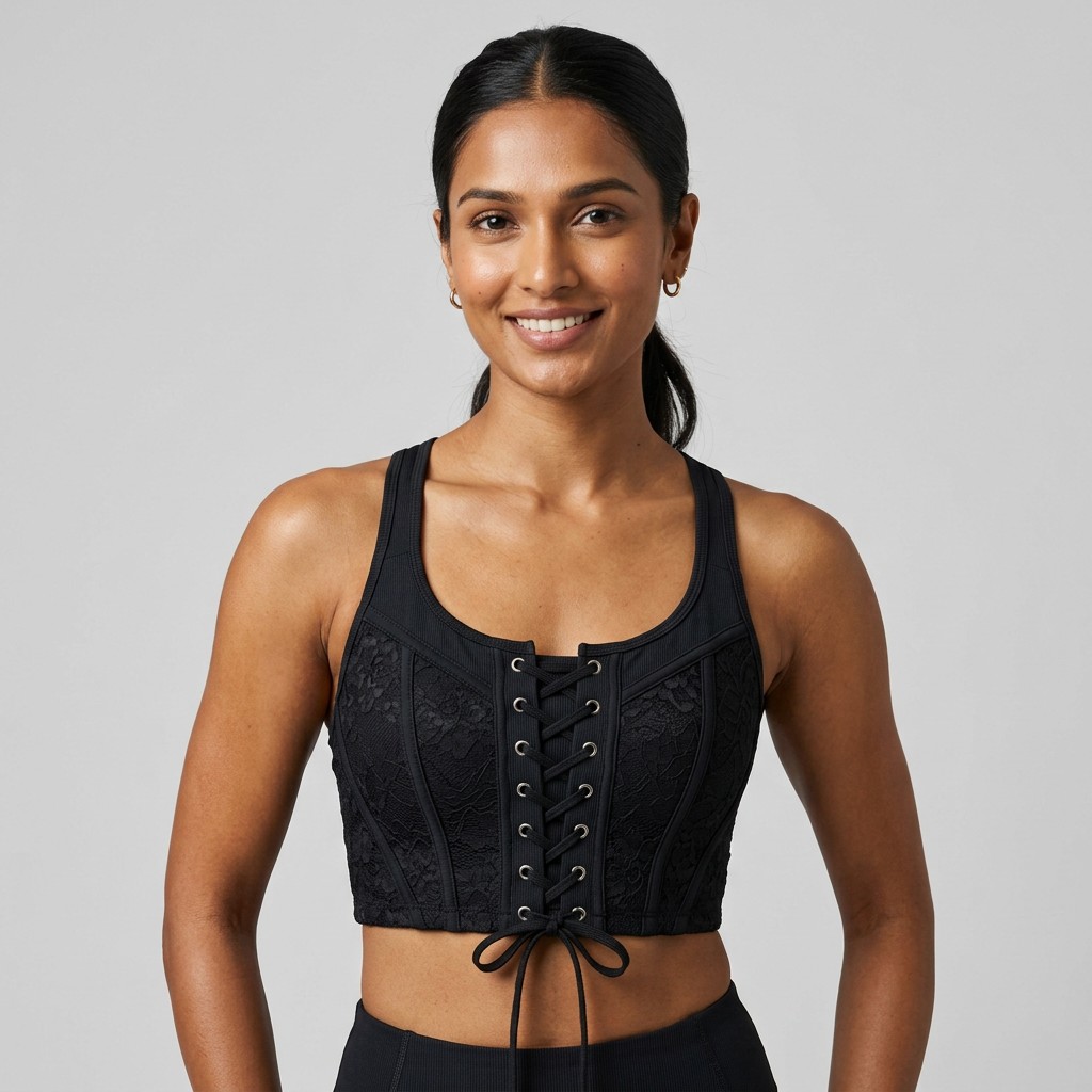 Indian woman wearing META NEST ACTIVEWEAR Corset Lace-Front Bra in Corset Black