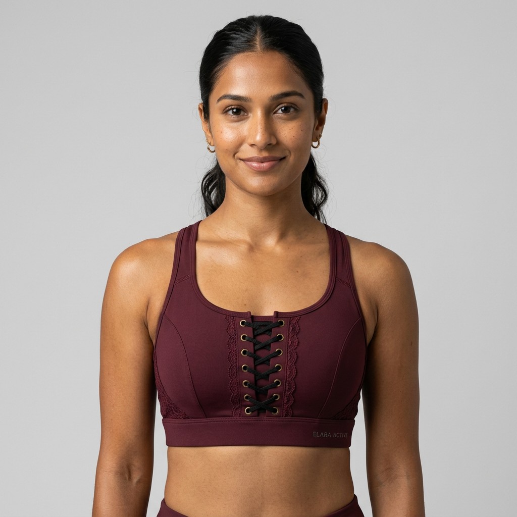 Indian woman wearing META NEST ACTIVEWEAR Corset Lace-Front Bra in Corset Burgundy