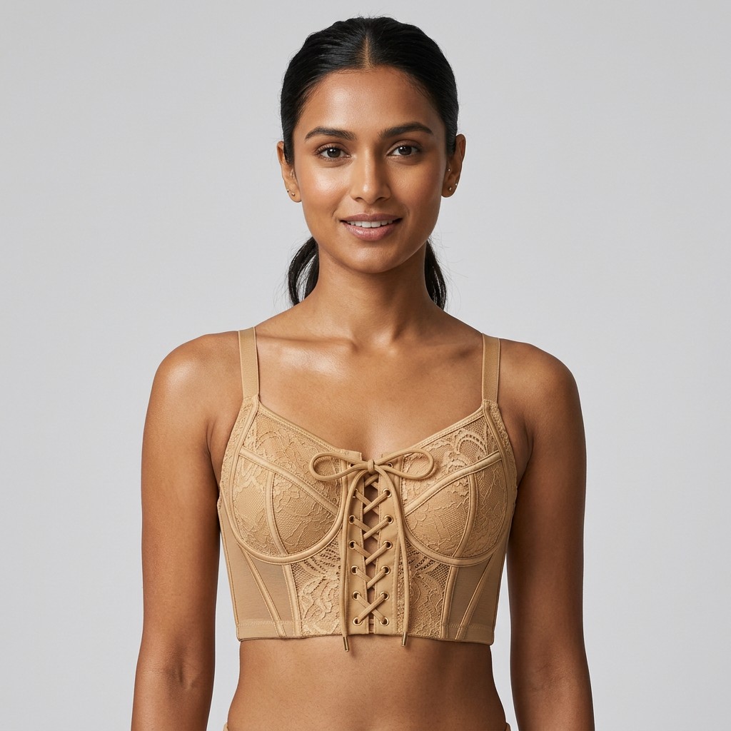 Indian woman wearing META NEST ACTIVEWEAR Corset Lace-Front Bra in Corset Champagne