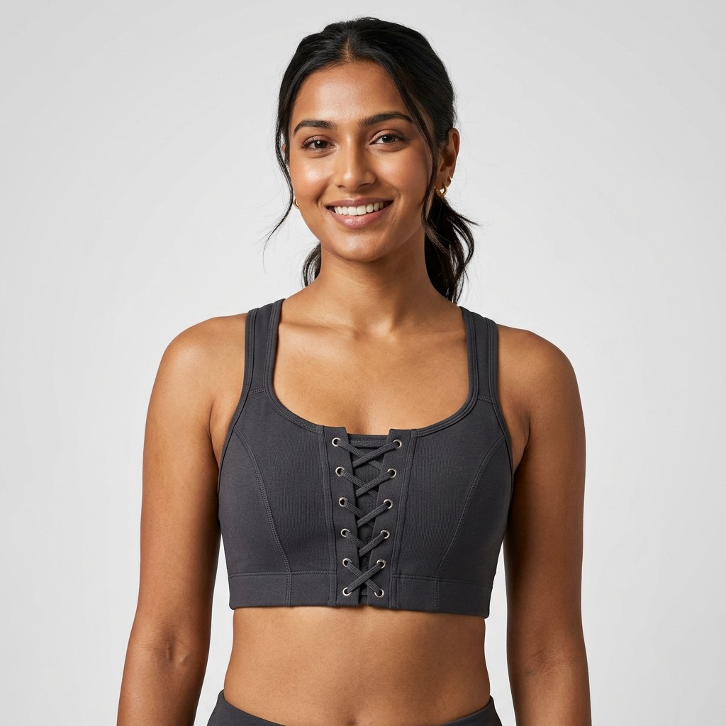 Indian woman wearing META NEST ACTIVEWEAR Corset Lace-Front Bra in Corset Charcoal