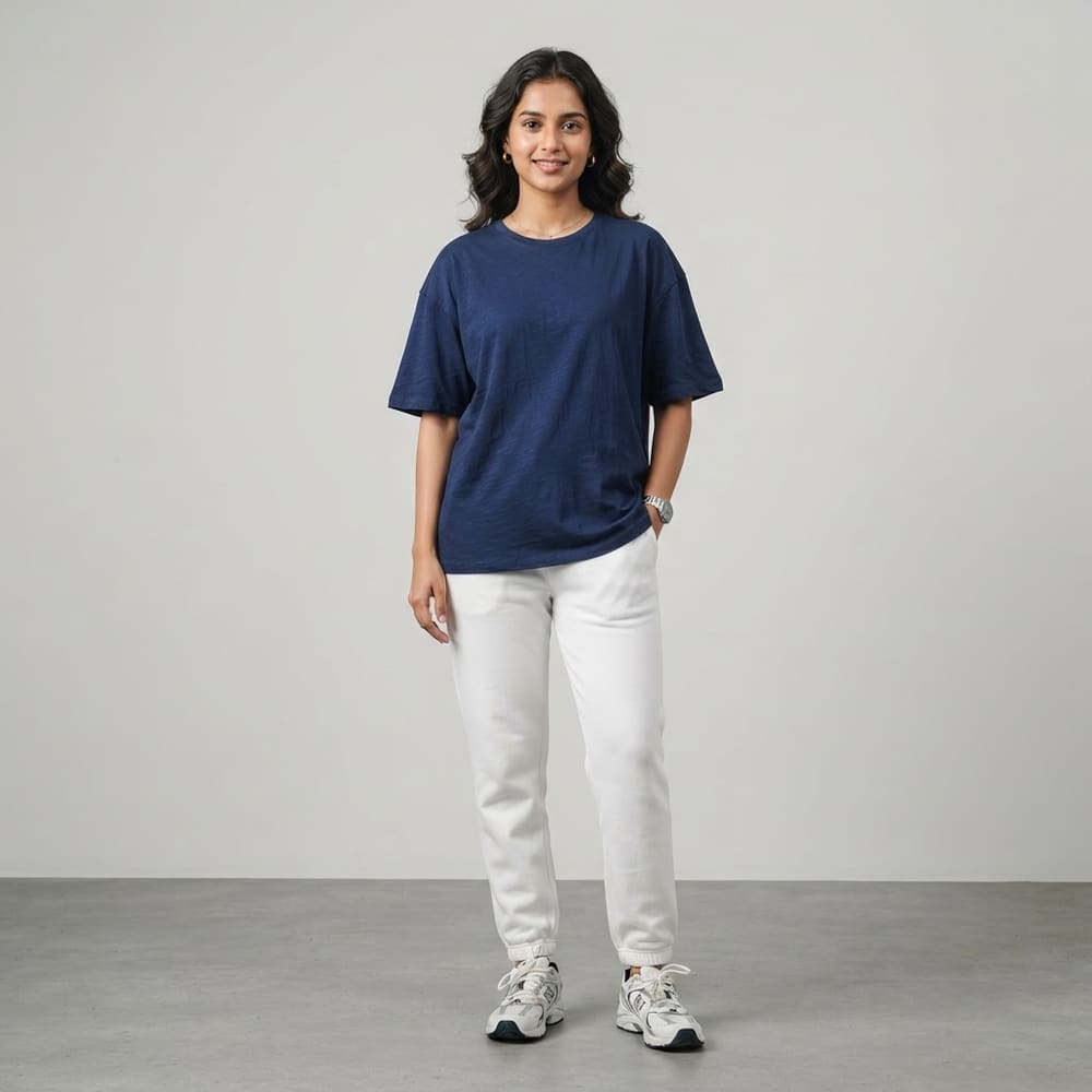 Indian woman wearing META NEST ACTIVEWEAR Cotton-Pro Classic Crew Tee in Deep Navy
