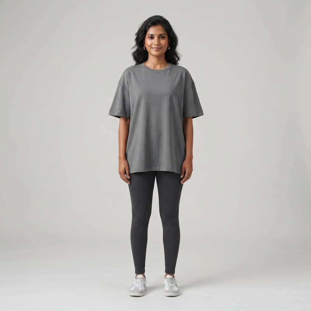 Indian woman wearing META NEST ACTIVEWEAR Cotton-Pro Classic Crew Tee in Graphite Grey