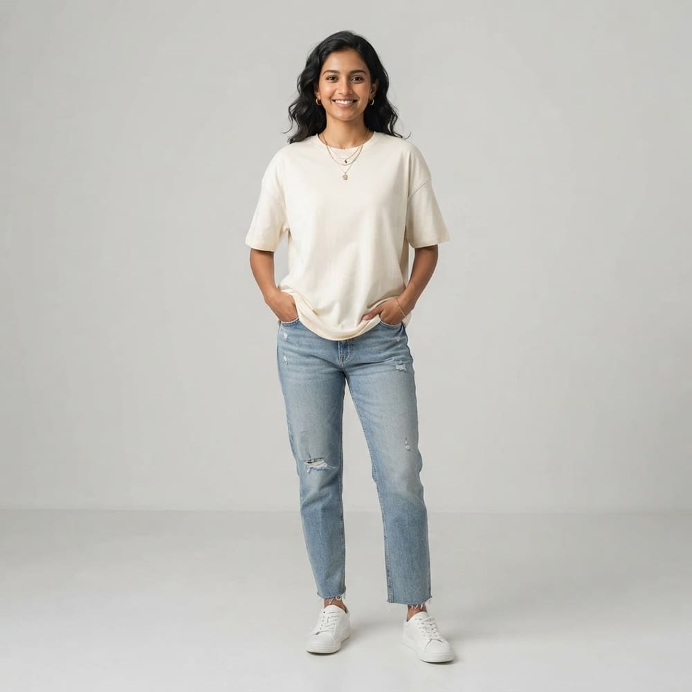 Indian woman wearing META NEST ACTIVEWEAR Cotton-Pro Classic Crew Tee in Ivory Cream