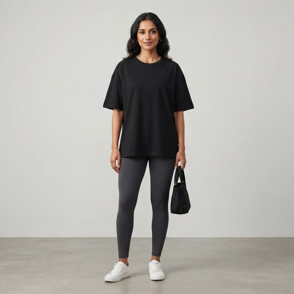 Indian woman wearing META NEST ACTIVEWEAR Cotton-Pro Classic Crew Tee in Noir Black