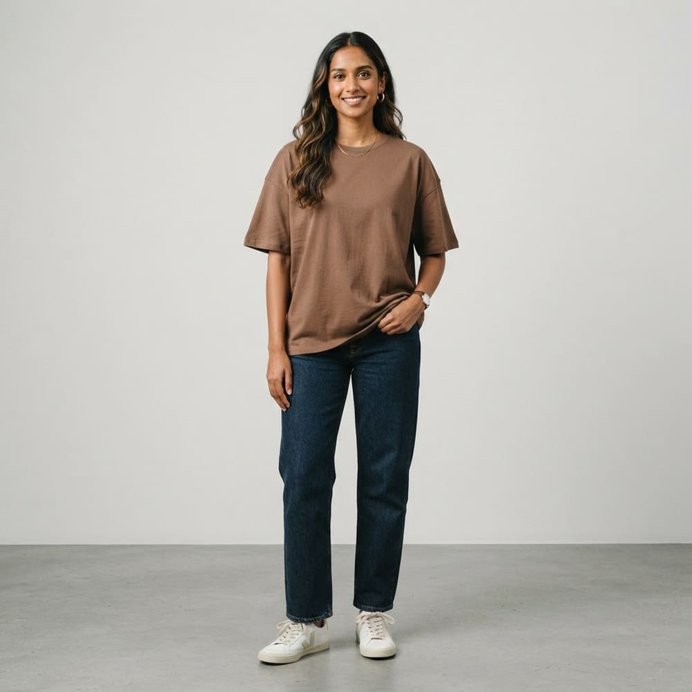 Indian woman wearing META NEST ACTIVEWEAR Cotton-Pro Classic Crew Tee in Warm Mocha