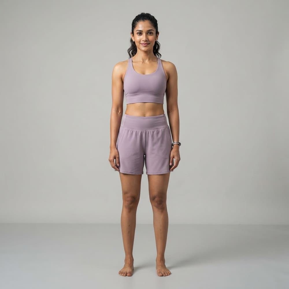 Indian woman wearing META NEST ACTIVEWEAR Coverage Training Shorts in Dusty Lilac