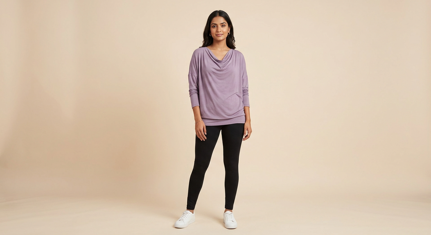 Indian woman wearing META NEST ACTIVEWEAR Cowl-Neck Drape Top in Dusty Lilac