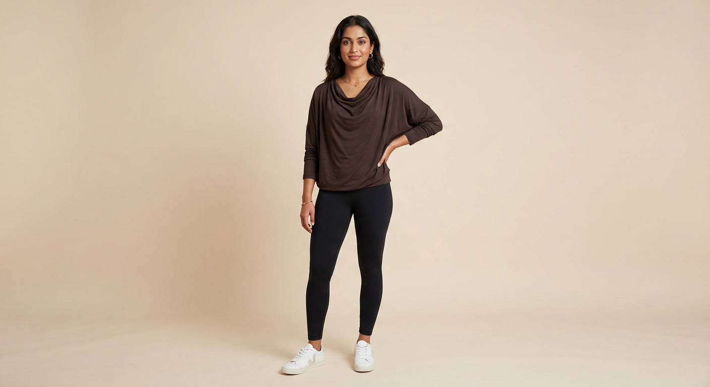 Indian woman wearing META NEST ACTIVEWEAR Cowl-Neck Drape Top in Espresso Brown