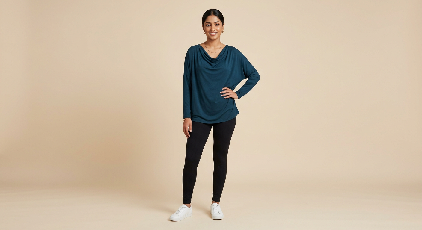 Indian woman wearing META NEST ACTIVEWEAR Cowl-Neck Drape Top in Midnight Teal