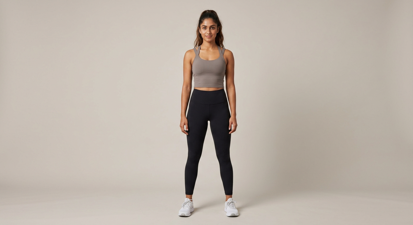 Indian woman wearing META NEST ACTIVEWEAR Criss-Cross Strap Top in Taupe Grey