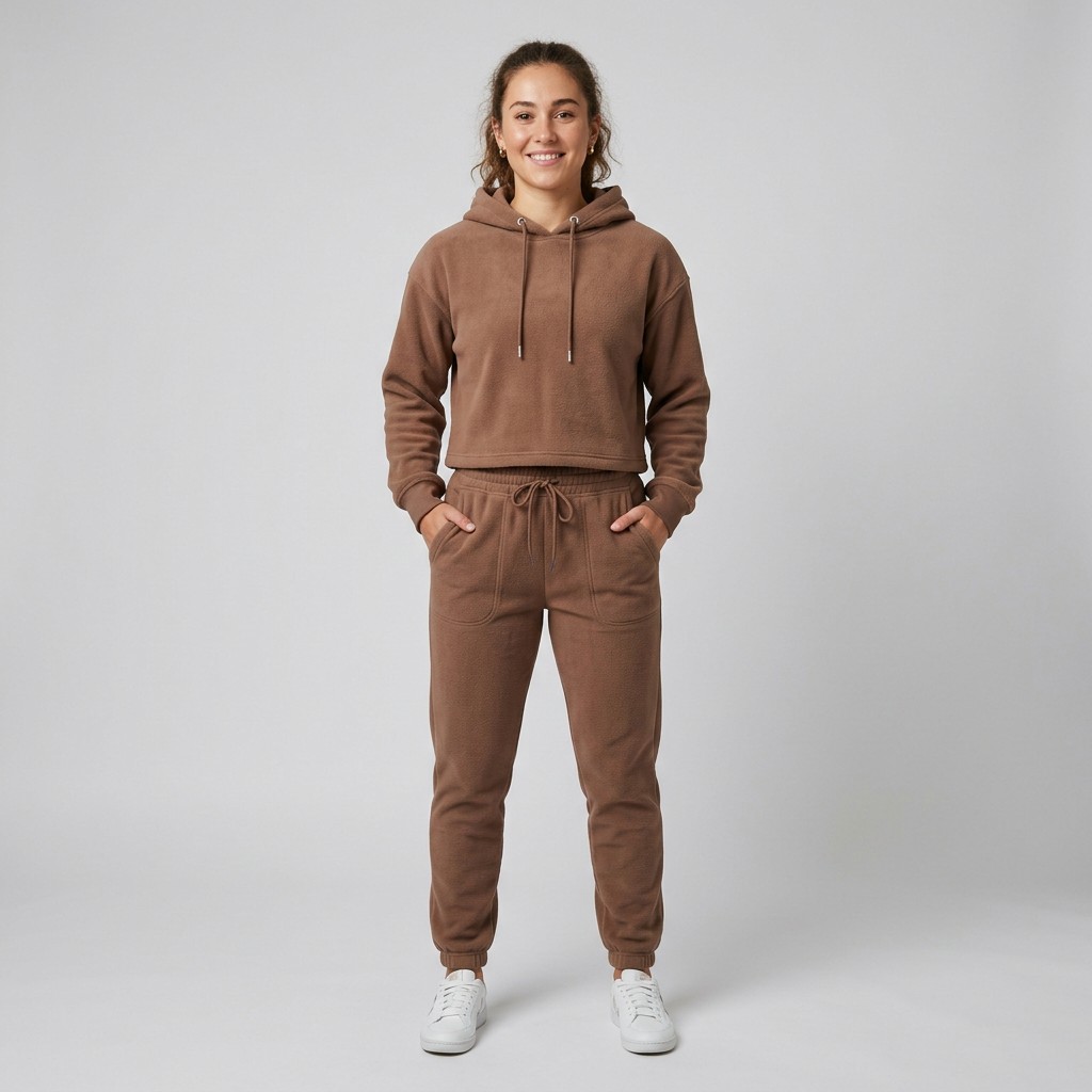 Indian woman wearing META NEST ACTIVEWEAR Cropped Hoodie Jogger Co-ord Set in Warm Mocha