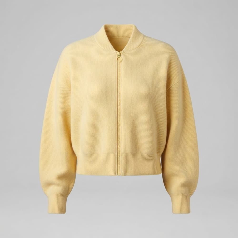 Indian woman wearing META NEST ACTIVEWEAR Cropped Knit Bomber in Butter Yellow