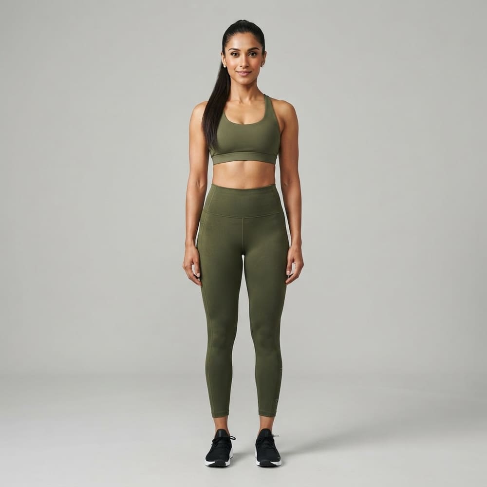 Indian woman wearing META NEST ACTIVEWEAR Crown High-Waist Sculpt Leggings in Forest Olive