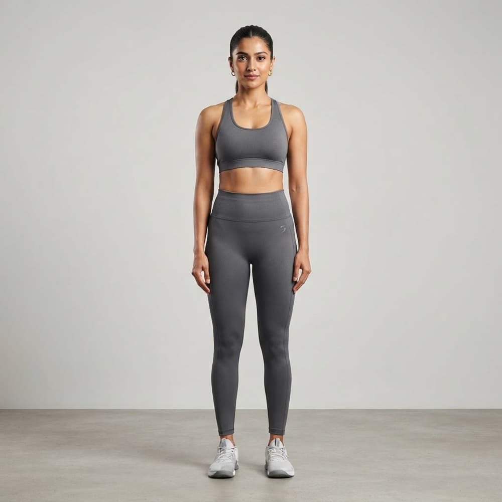 Indian woman wearing META NEST ACTIVEWEAR Crown High-Waist Sculpt Leggings in Graphite Grey