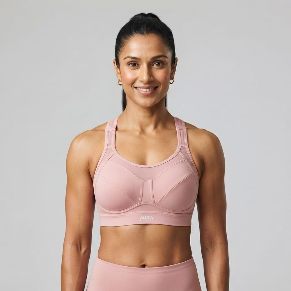 Indian woman wearing META NEST ACTIVEWEAR Crown Support High-Impact Bra in Blush Rose