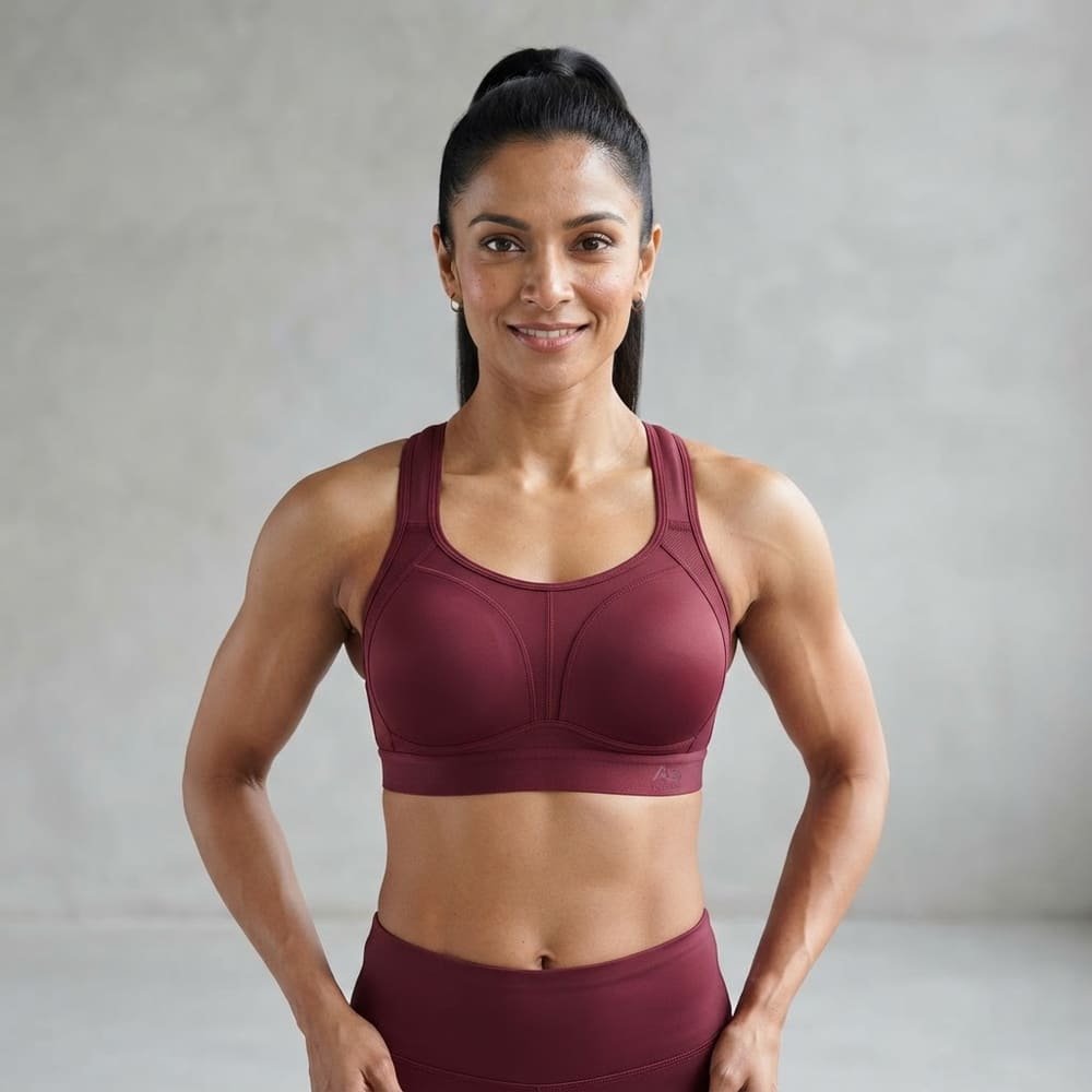 Indian woman wearing META NEST ACTIVEWEAR Crown Support High-Impact Bra in Royal Maroon