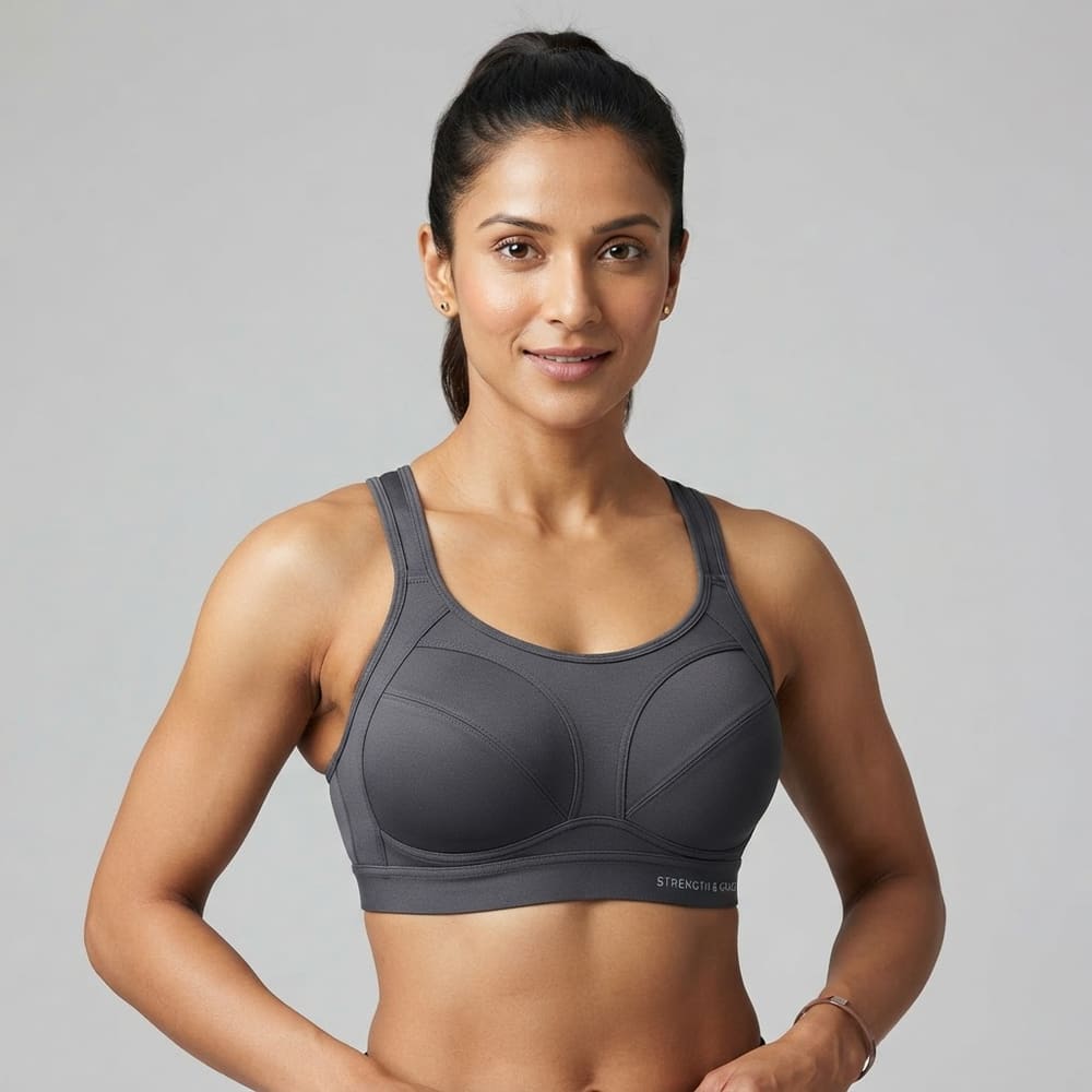 Indian woman wearing META NEST ACTIVEWEAR Crown Support High-Impact Bra in Storm Charcoal
