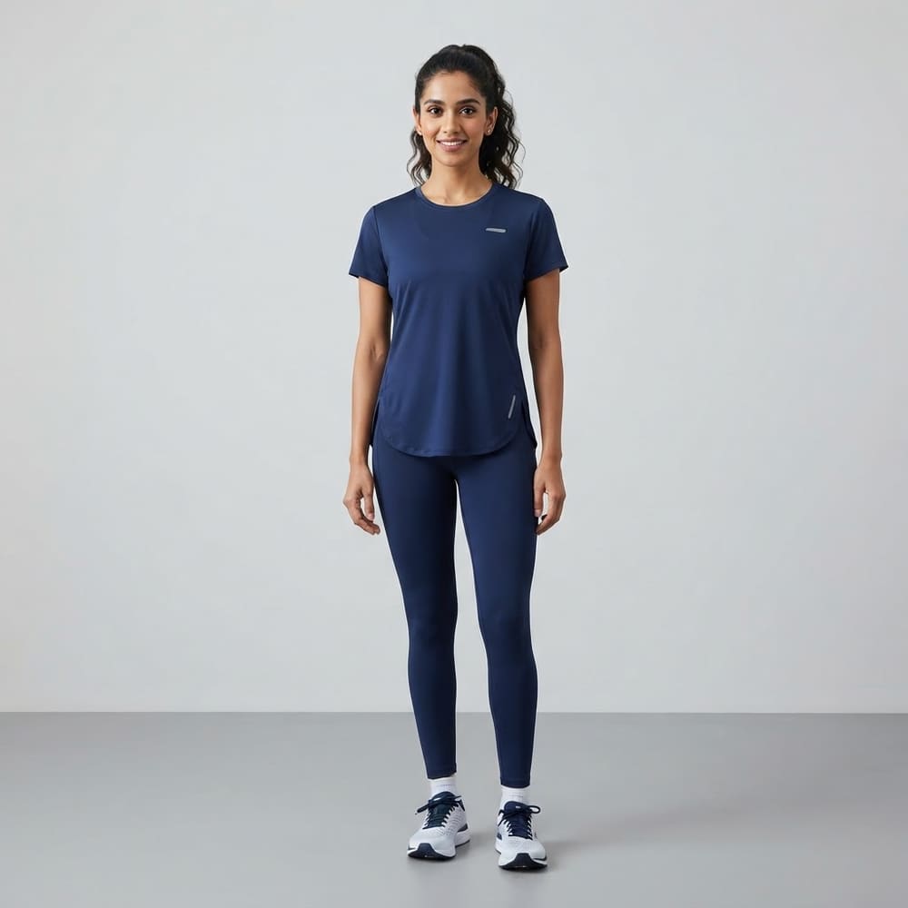 Indian woman wearing META NEST ACTIVEWEAR Curved-Hem Run Tee in Deep Navy