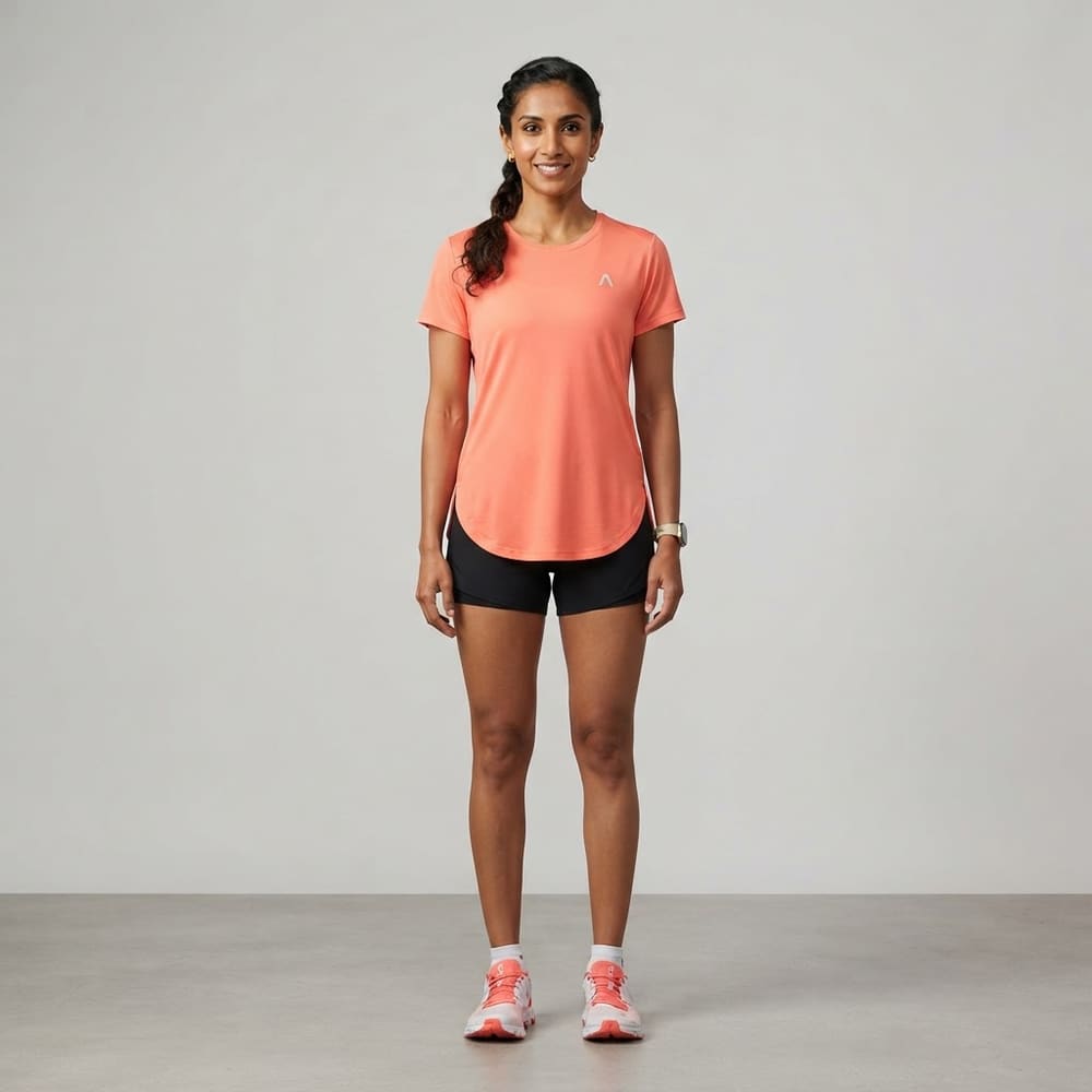 Indian woman wearing META NEST ACTIVEWEAR Curved-Hem Run Tee in Sunset Coral