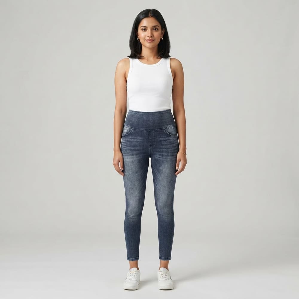 Indian woman wearing META NEST ACTIVEWEAR Denim-Print Sculpt Leggings in Denim Blue