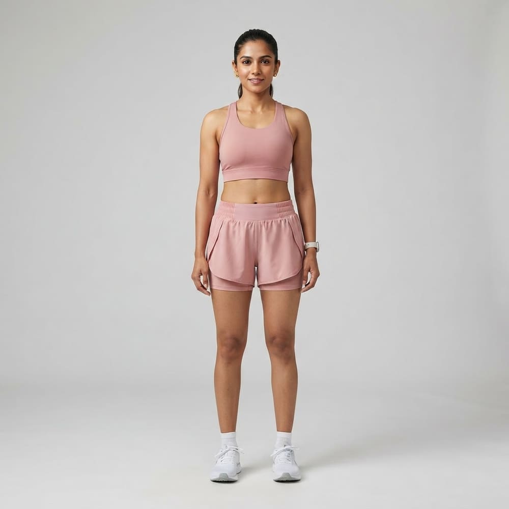 Indian woman wearing META NEST ACTIVEWEAR Double-Layer Liner Running Shorts in Blush Rose