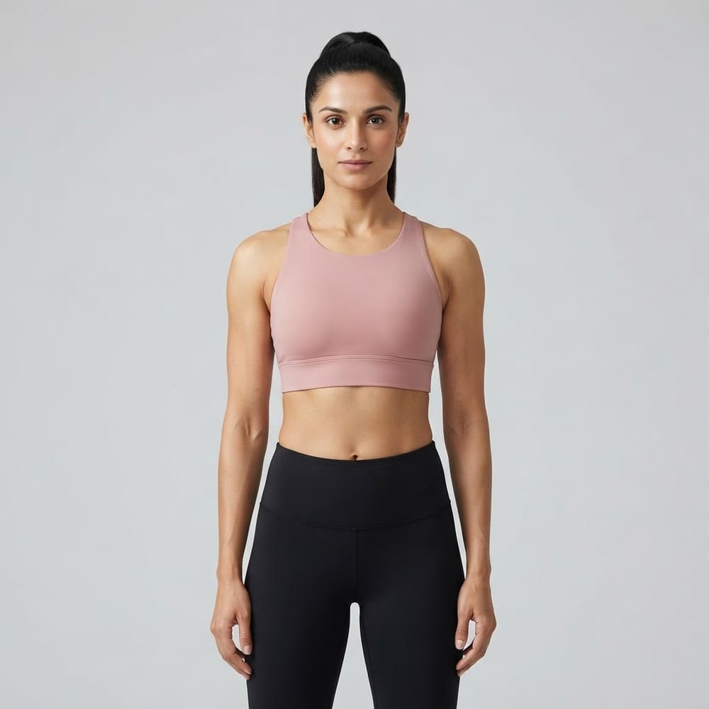 Indian woman wearing META NEST ACTIVEWEAR Double-Strap Racerback Bra in Racerback Blush