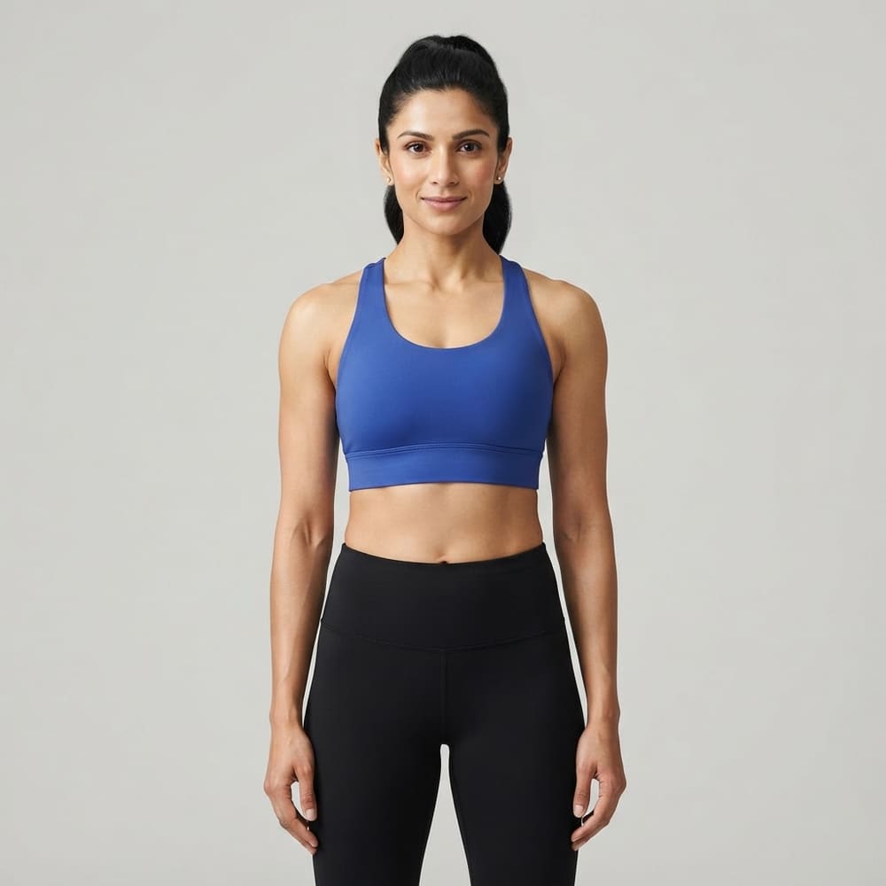 Indian woman wearing META NEST ACTIVEWEAR Double-Strap Racerback Bra in Racerback Cobalt