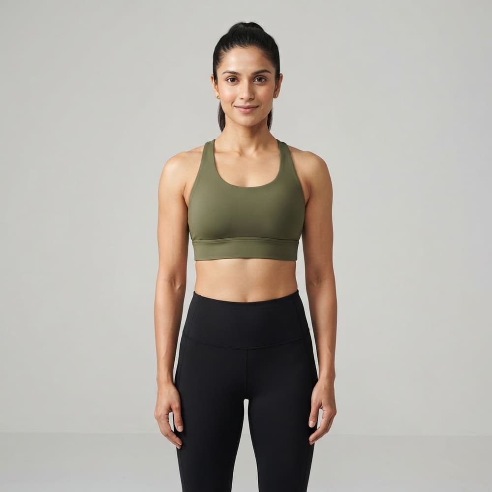 Indian woman wearing META NEST ACTIVEWEAR Double-Strap Racerback Bra in Racerback Olive