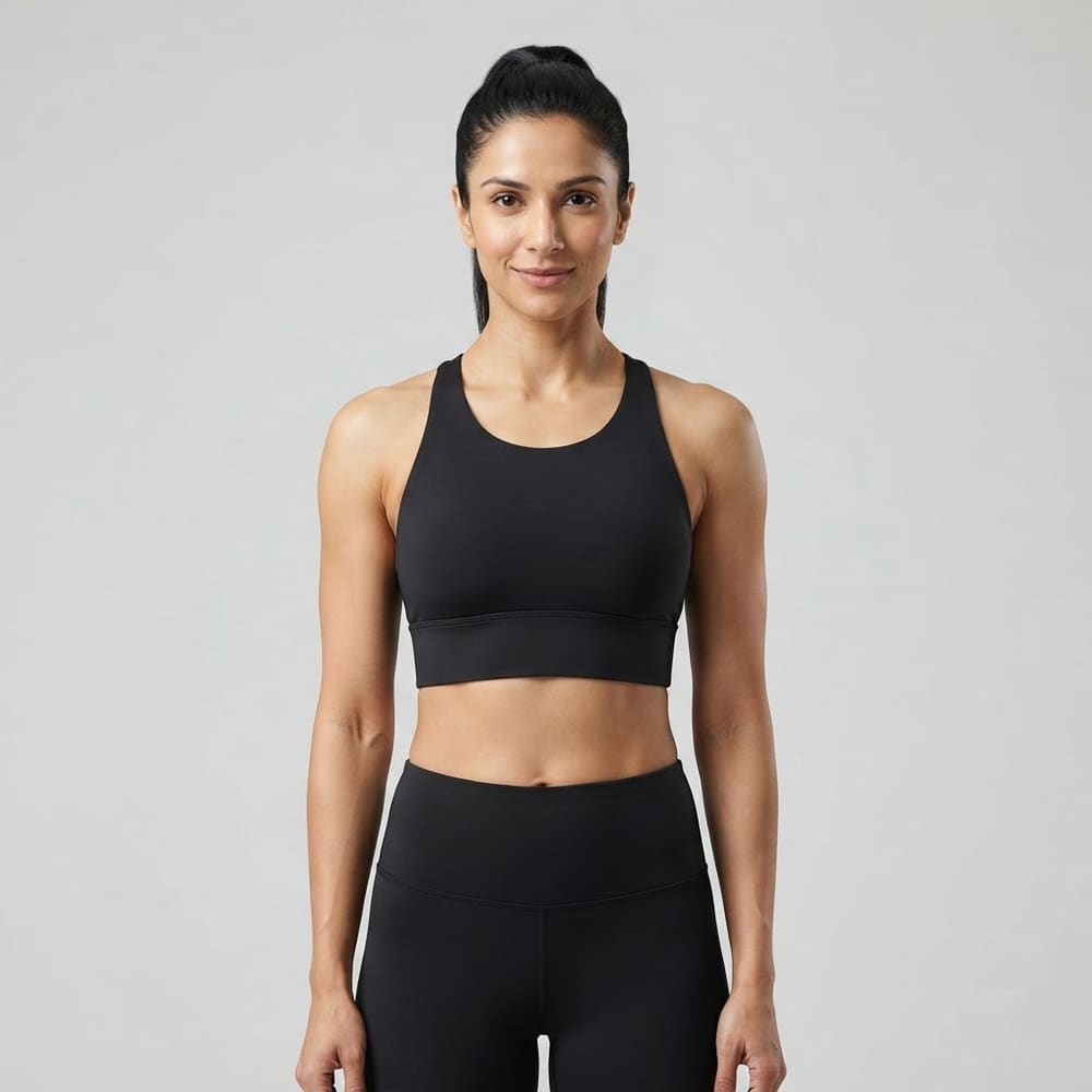 Indian woman wearing META NEST ACTIVEWEAR Double-Strap Racerback Bra in Racerback Onyx
