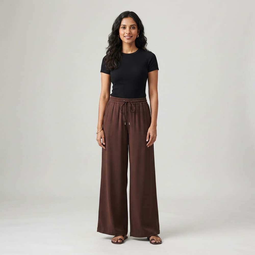 Indian woman wearing META NEST ACTIVEWEAR Drape Wide-Leg Pants in Warm Mocha