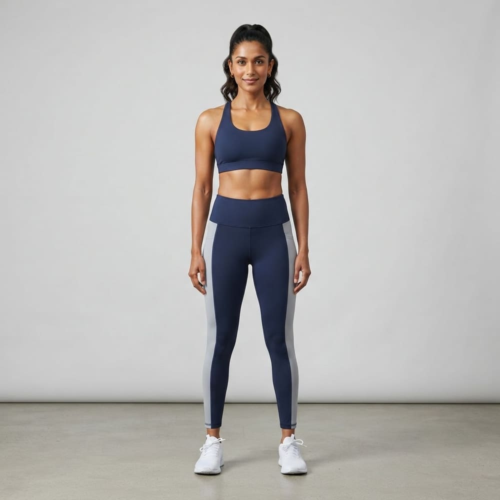 Indian woman wearing META NEST ACTIVEWEAR Duality Colour-Block Leggings in Navy Grey