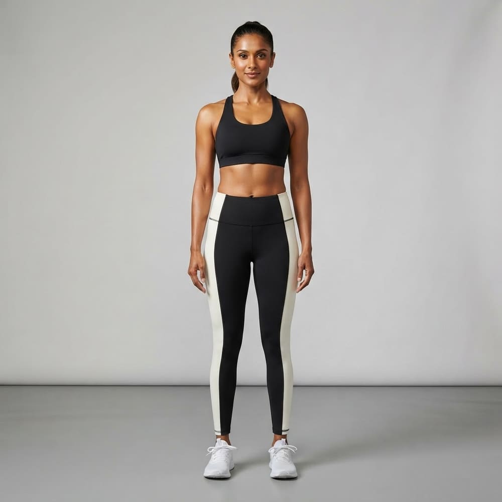 Indian woman wearing META NEST ACTIVEWEAR Duality Colour-Block Leggings in Noir Ivory