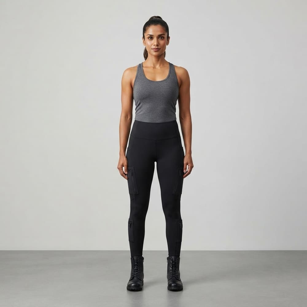 Indian woman wearing META NEST ACTIVEWEAR Expedition Cargo Leggings in Cargo Black