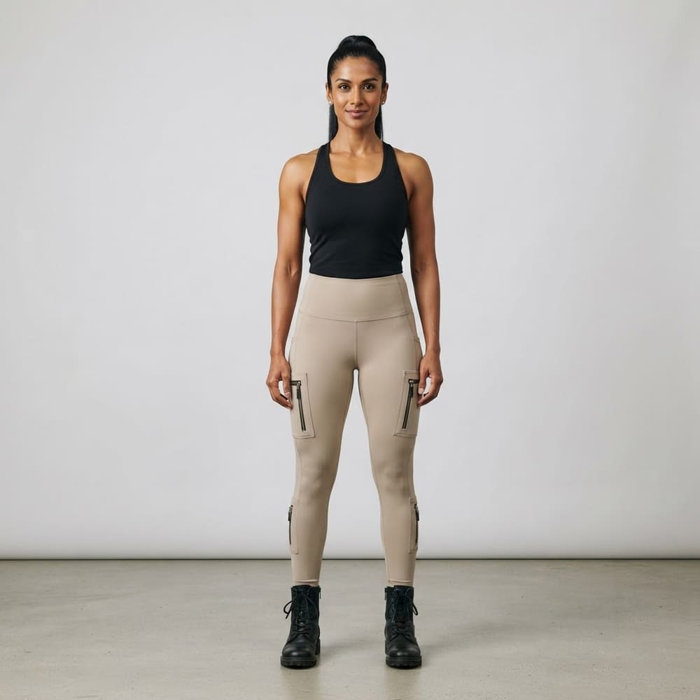 Indian woman wearing META NEST ACTIVEWEAR Expedition Cargo Leggings in Cargo Stone