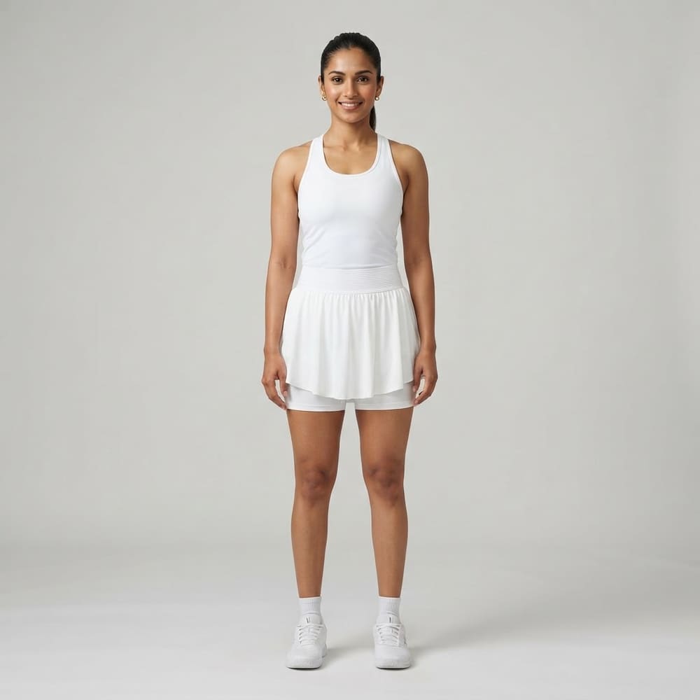 Indian woman wearing META NEST ACTIVEWEAR Fake-Two-Piece Tennis Skort in Pearl White