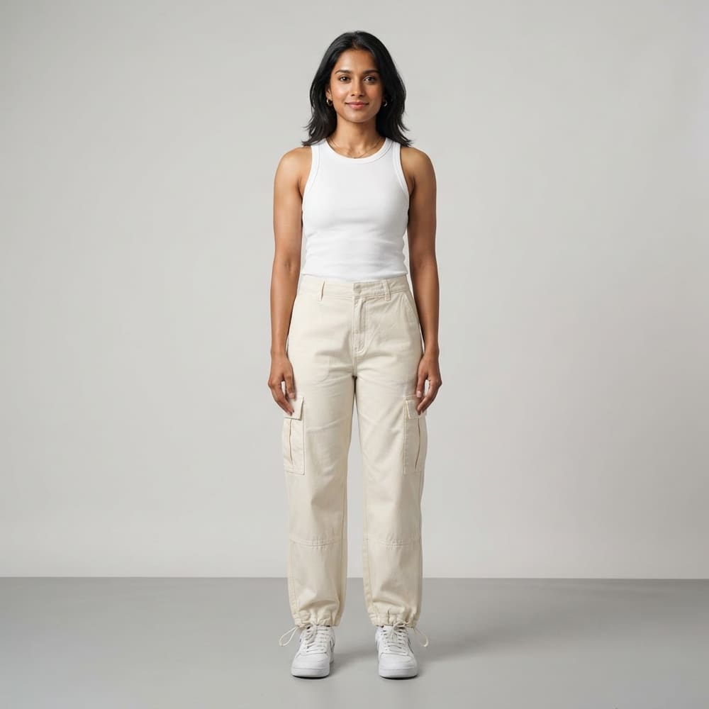 Indian woman wearing META NEST ACTIVEWEAR Fleece-Lined Convertible Cargo Pants in Ivory Cream
