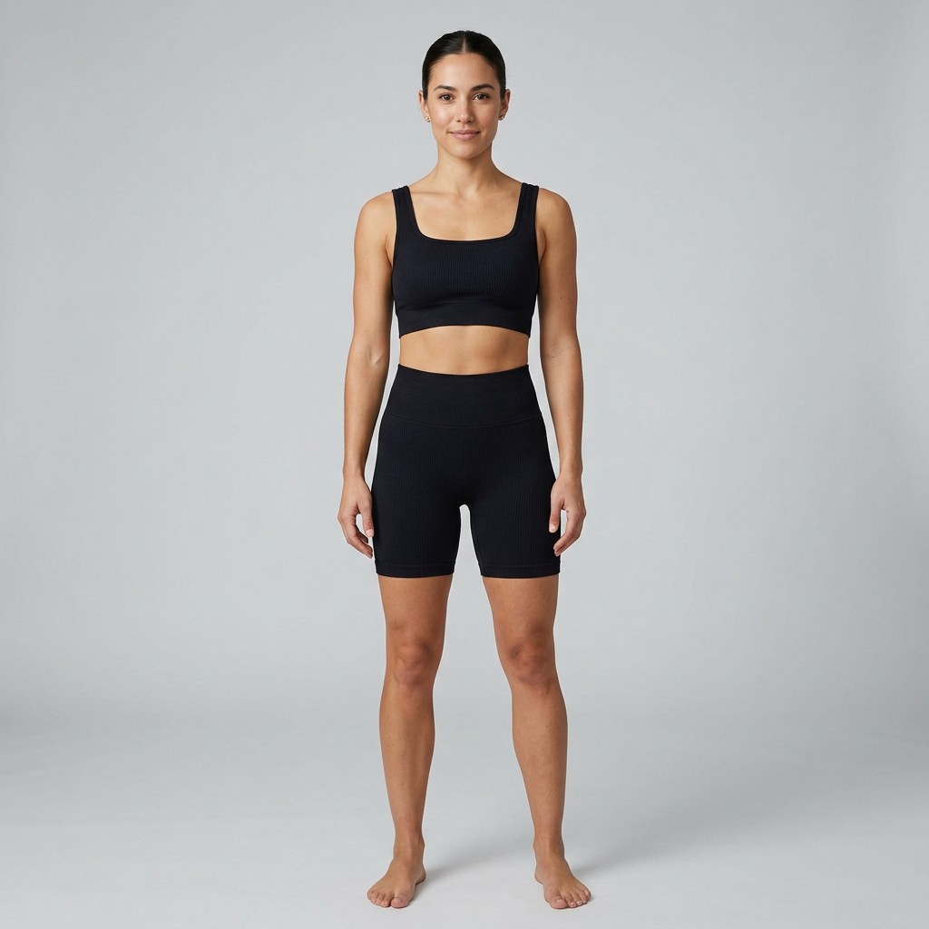 Indian woman wearing META NEST ACTIVEWEAR Flex Rib Co-ord Set in Noir Black